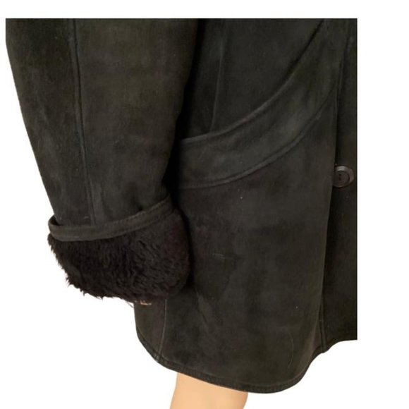 COAT, Suede Outer Layer, Wool Shearling Lining, Super Warm. Black. - Picture 6 of 11